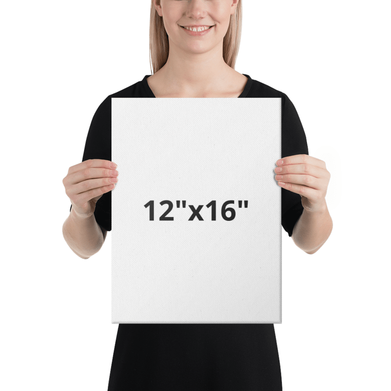 Model holding a 12"x16" canvas print to showcase the Royal History Portrait size.