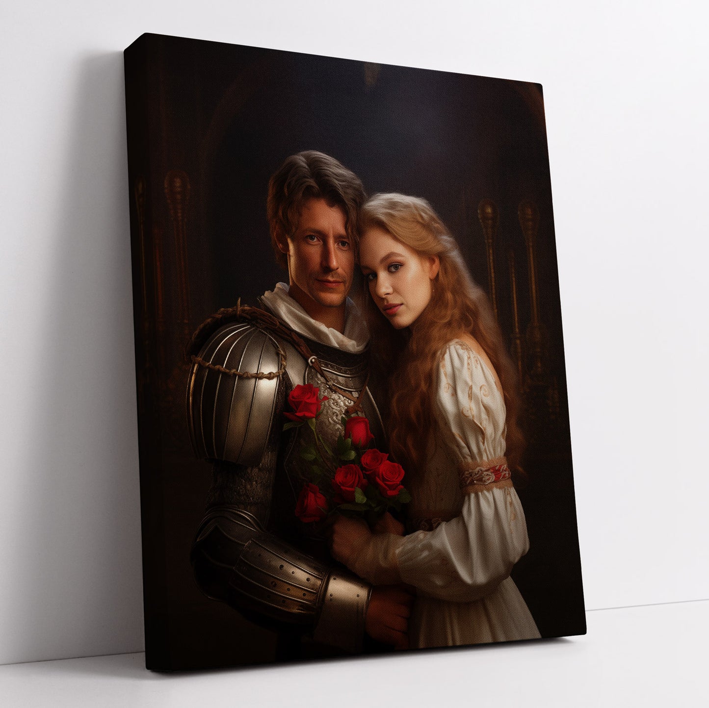 Canvas print of a knight and princess in a romantic embrace, holding roses. Gift for fantasy art lovers.