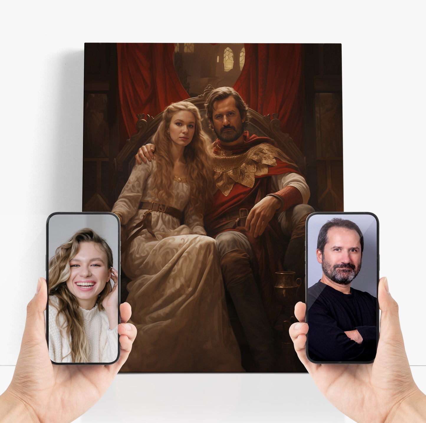 Preview of a 'Romantic Viking Couple' portrait, personalized using customer photos on phone screens.