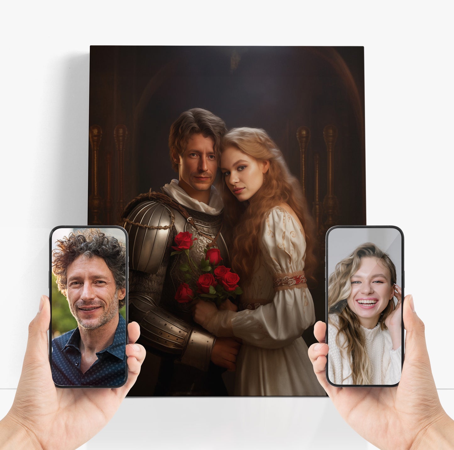 Display of a romantic "The Romantic Knight and Princess" canvas, with customer previews on phones, showing personalization.