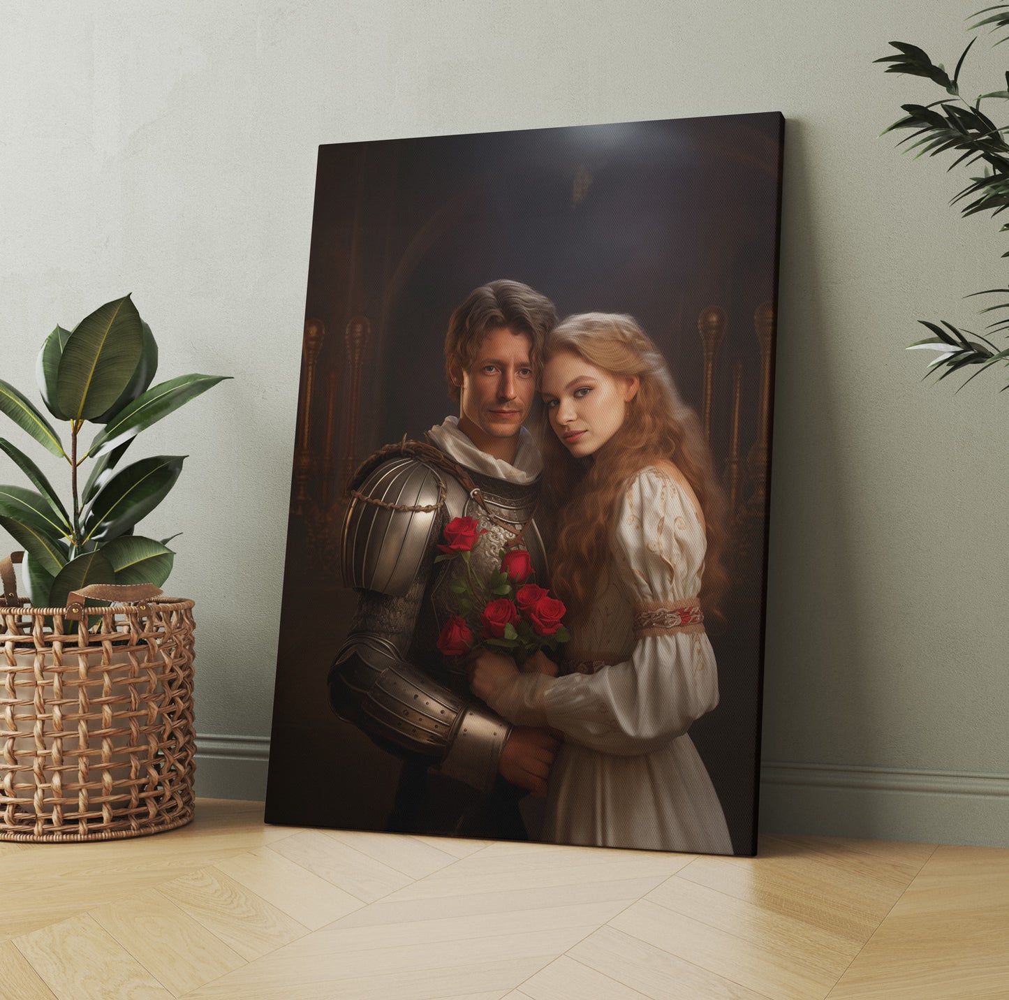 Romantic Knight and Princess canvas art; idealized portrait for home decor. Elegant medieval aesthetic.