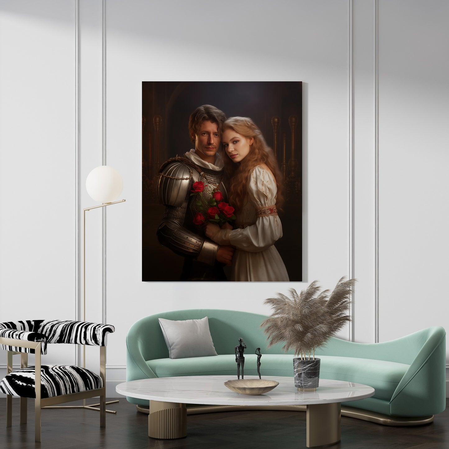 "The Romantic Knight and Princess" canvas art: A knight in shining armor and a princess holding red roses.