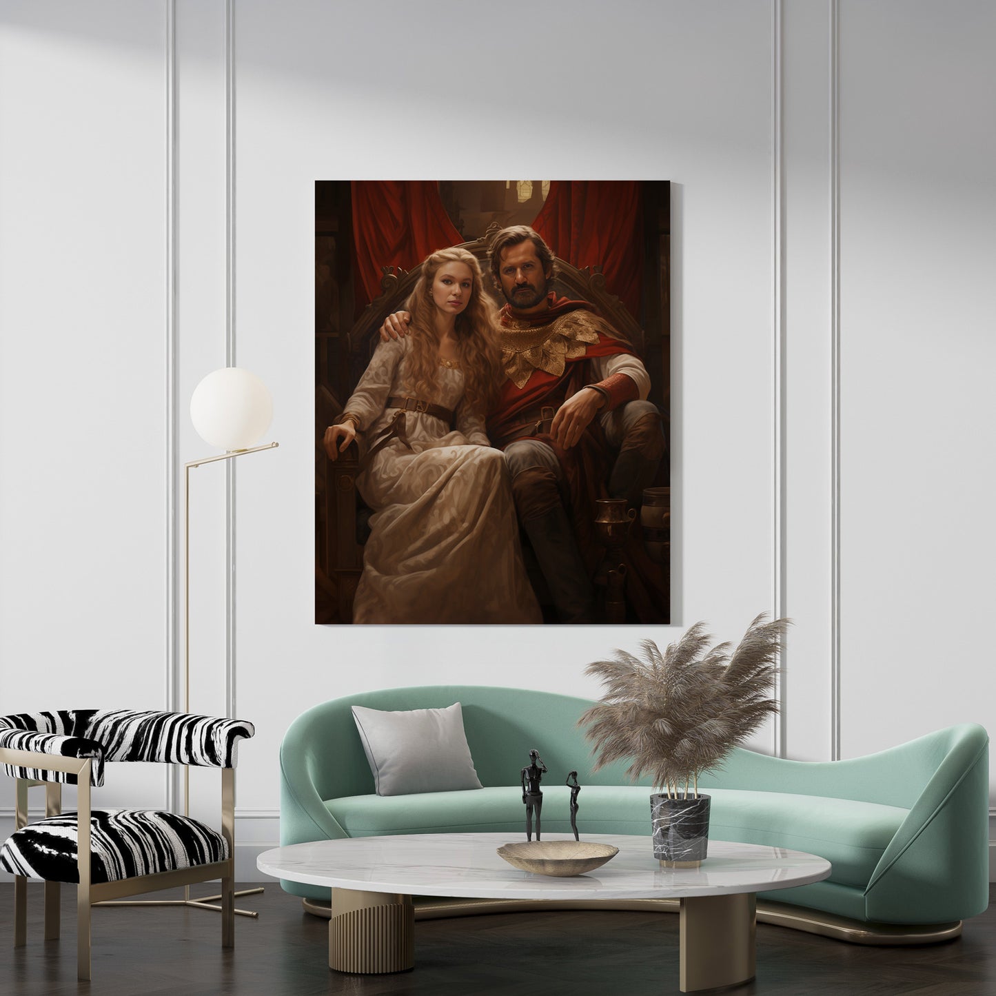 "The Romantic Viking Couple" artwork: a king and queen portrait, displayed in a stylish living room setting.