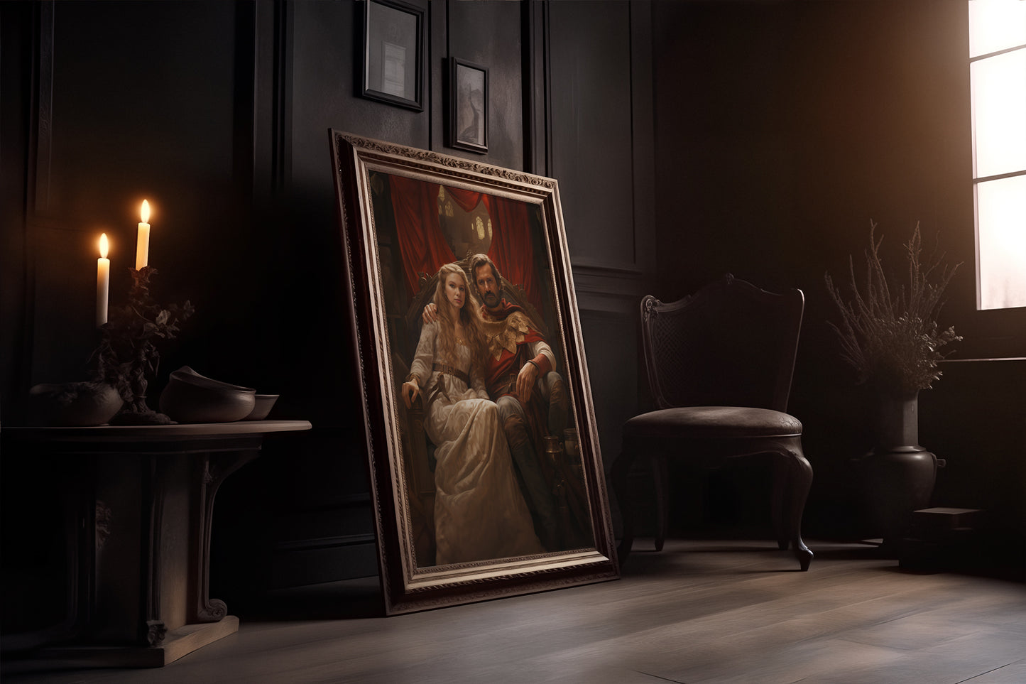 Fine art print of "The Romantic Viking Couple" painting leaning against a wall in a dark room, lit by candles and a window.