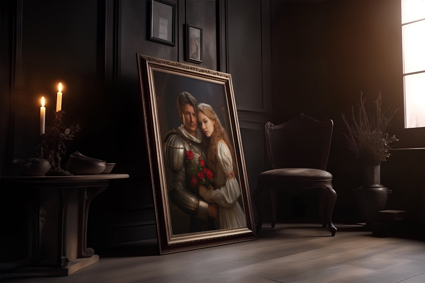 Framed portrait showcasing the romantic allure of "The Romantic Knight and Princess" painting.