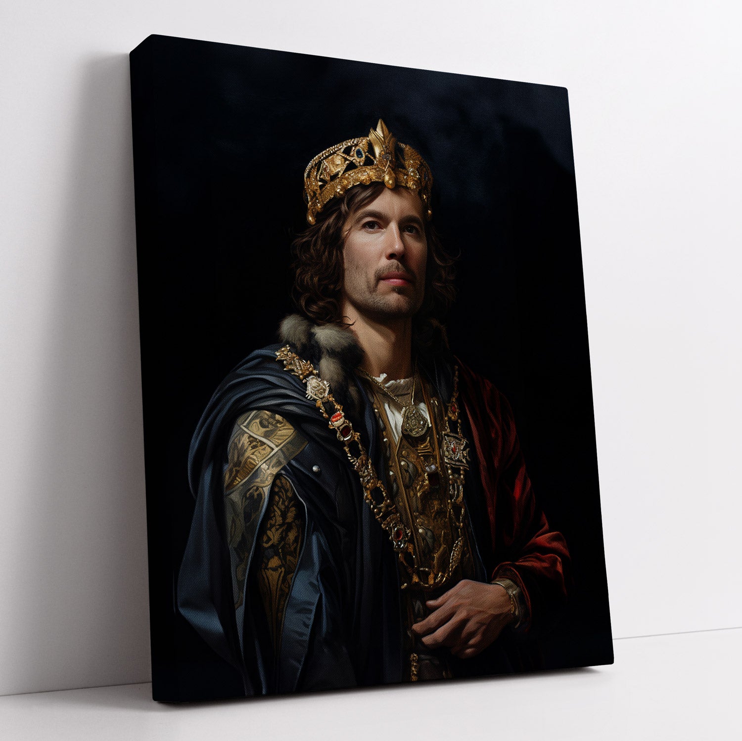 "His Majesty" portrait art: Canvas print of a man regally dressed as a king, perfect for home decor.