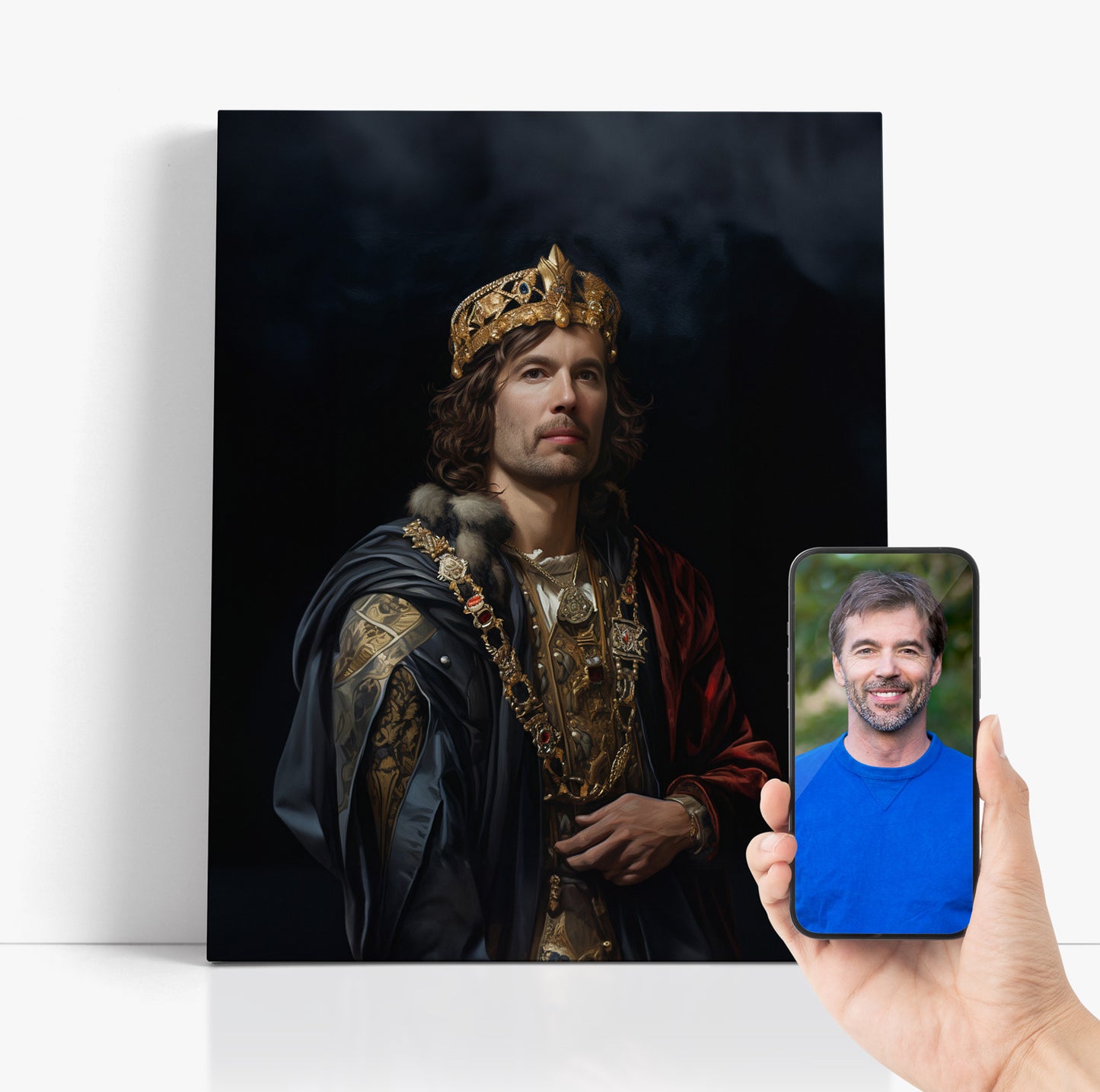 "His Majesty" portrait previewed via phone; see your personalized royal pet or human portrait painting.