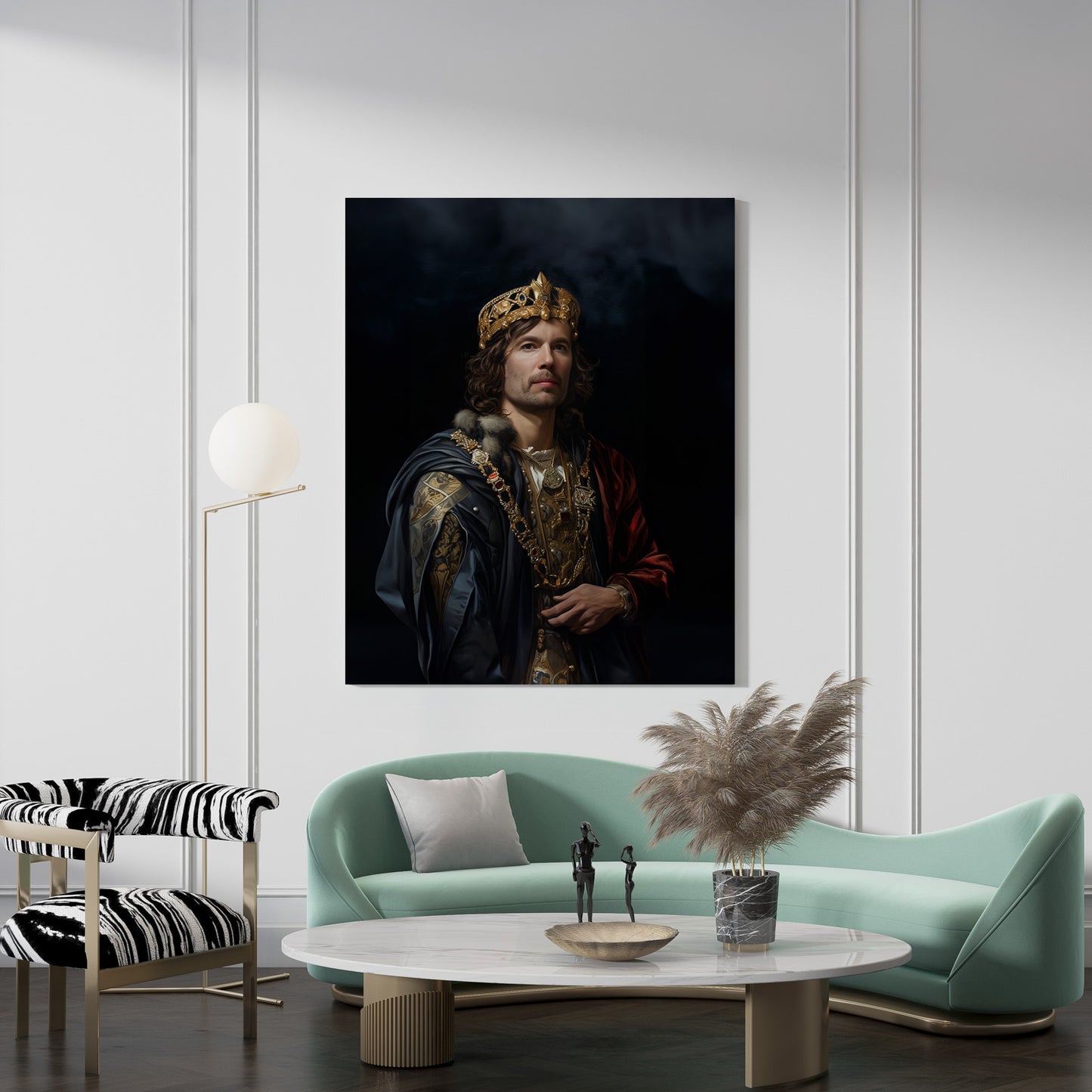 "His Majesty" wall art in a modern living room: Portrait of a regal man in royal robes and crown. Home decor inspiration.