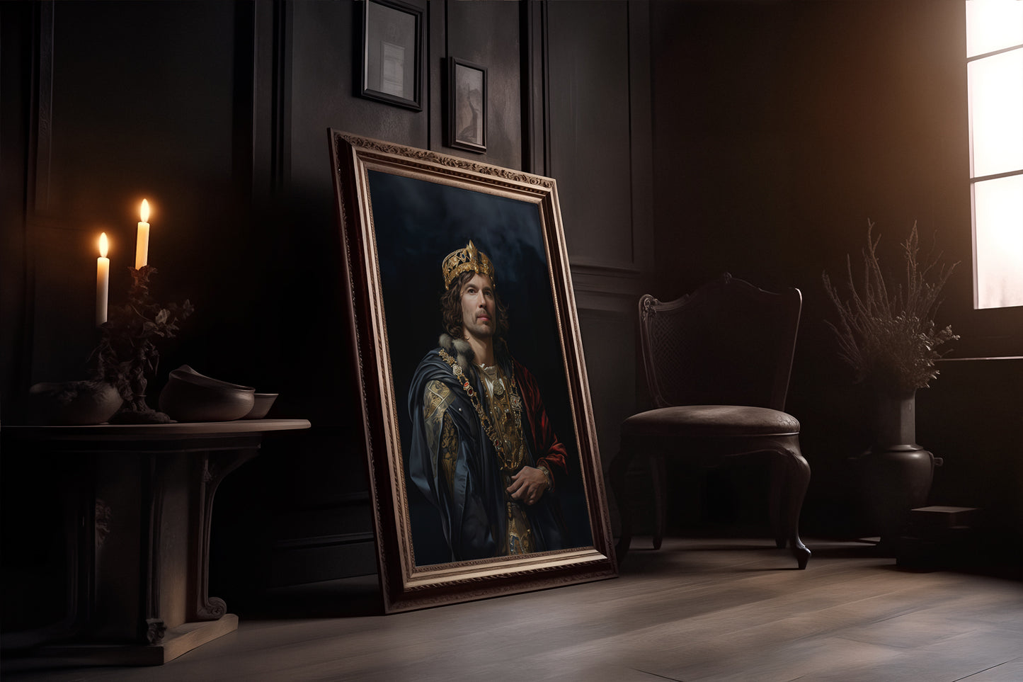 "His Majesty" artwork: A regal portrait print displayed in a dimly lit, classical-style room.