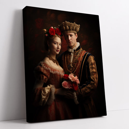 Romantic canvas art print depicting a royal couple in regal attire, ideal for historical decor enthusiasts.