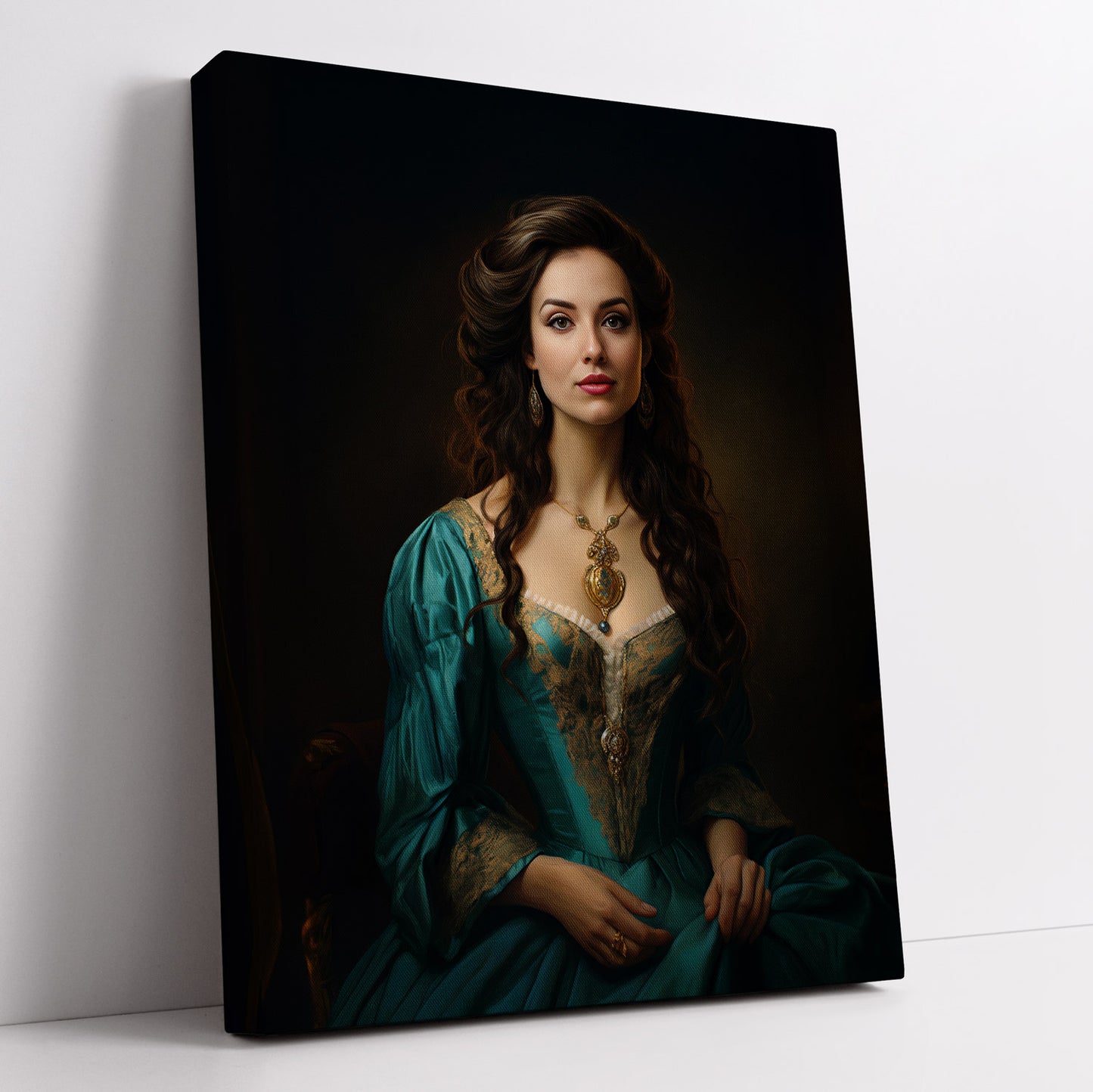 Elegant canvas print, "The Duchess," showcases a captivating portrait of a woman in a classic dress. Art for refined home