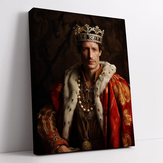 Framed art print: "The King." Regal portrait of a man in royal attire with a crown and fur-lined cloak, suitable for wall