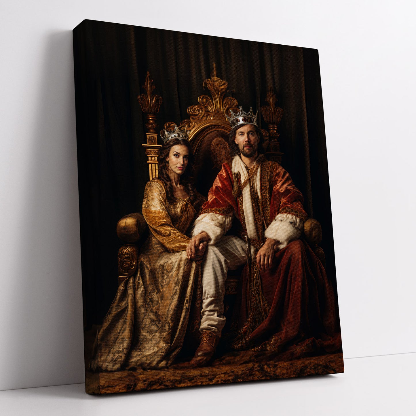 "The King & The Queen" personalized canvas art featuring a royal couple portrait, perfect for custom home decor.