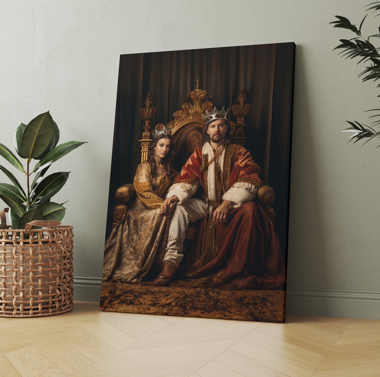 "The King & The Queen" portrait canvas. Perfect personalized royal gift for couples as home decor.