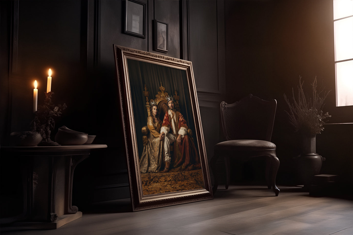 "The King & The Queen" painting evokes royalty, displayed in a dimly lit room alongside candles and a chair.