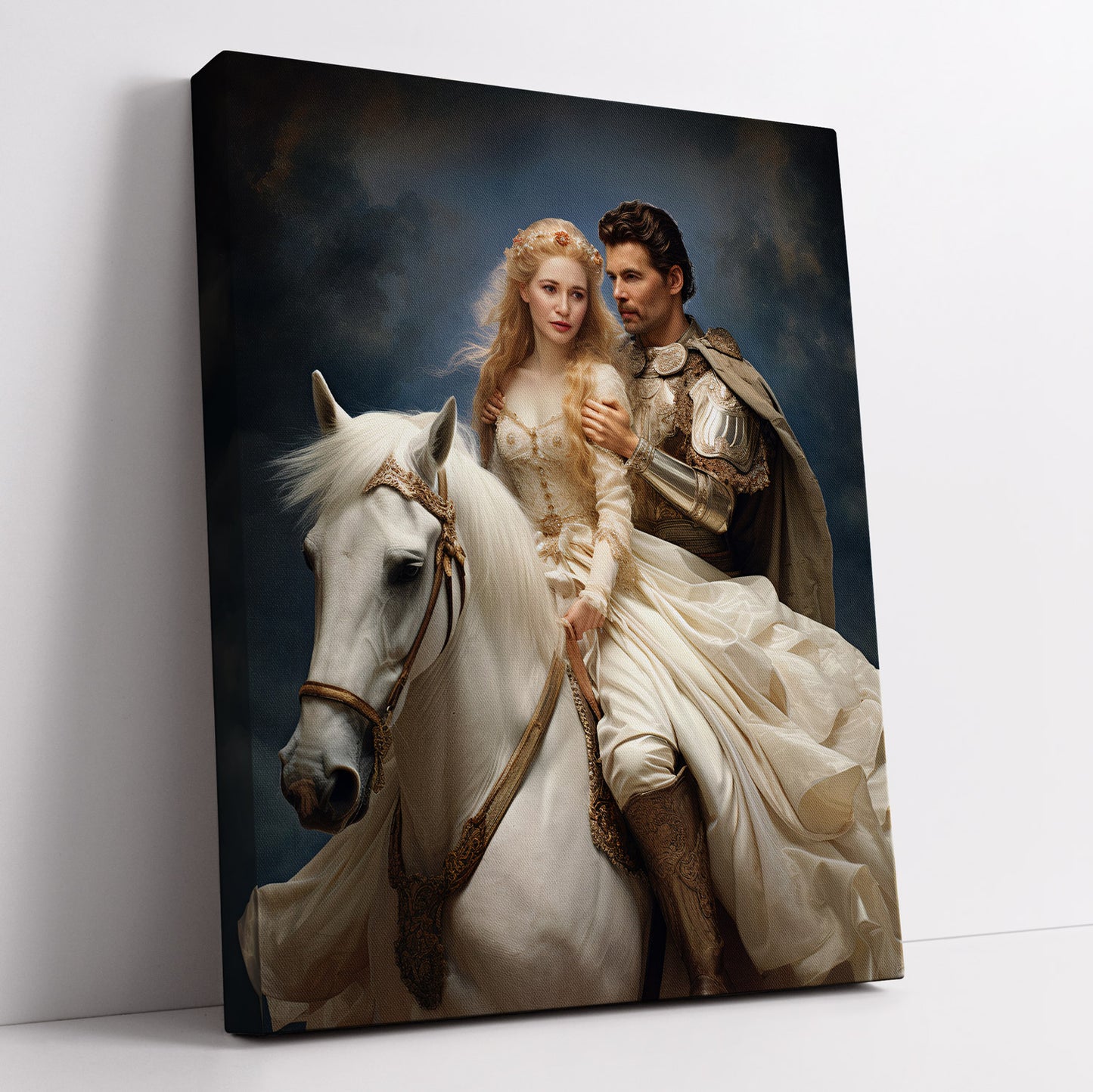 "The Princess and Glorious Knight" canvas art showcasing a romantic medieval-style couple on a white horse.