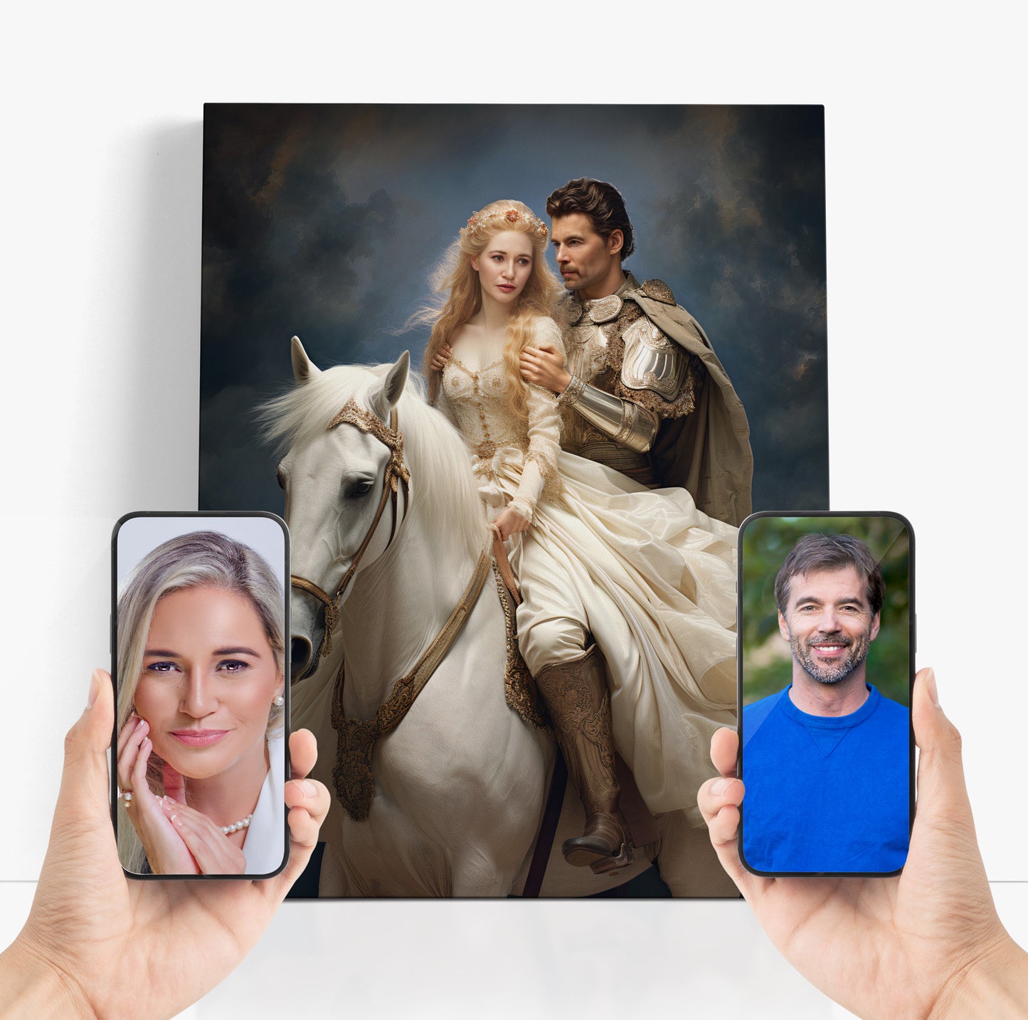 "The Princess and Glorious Knight" canvas showcasing customer photos as artwork, a unique personalized gift.
