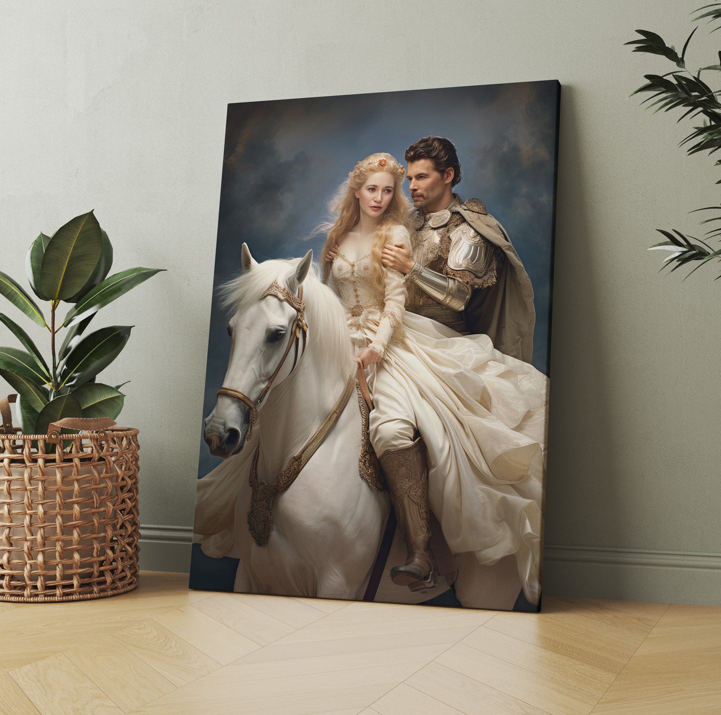 "The Princess and Glorious Knight" canvas art. Knight in shining armor with princess on white horse. Medieval romance art