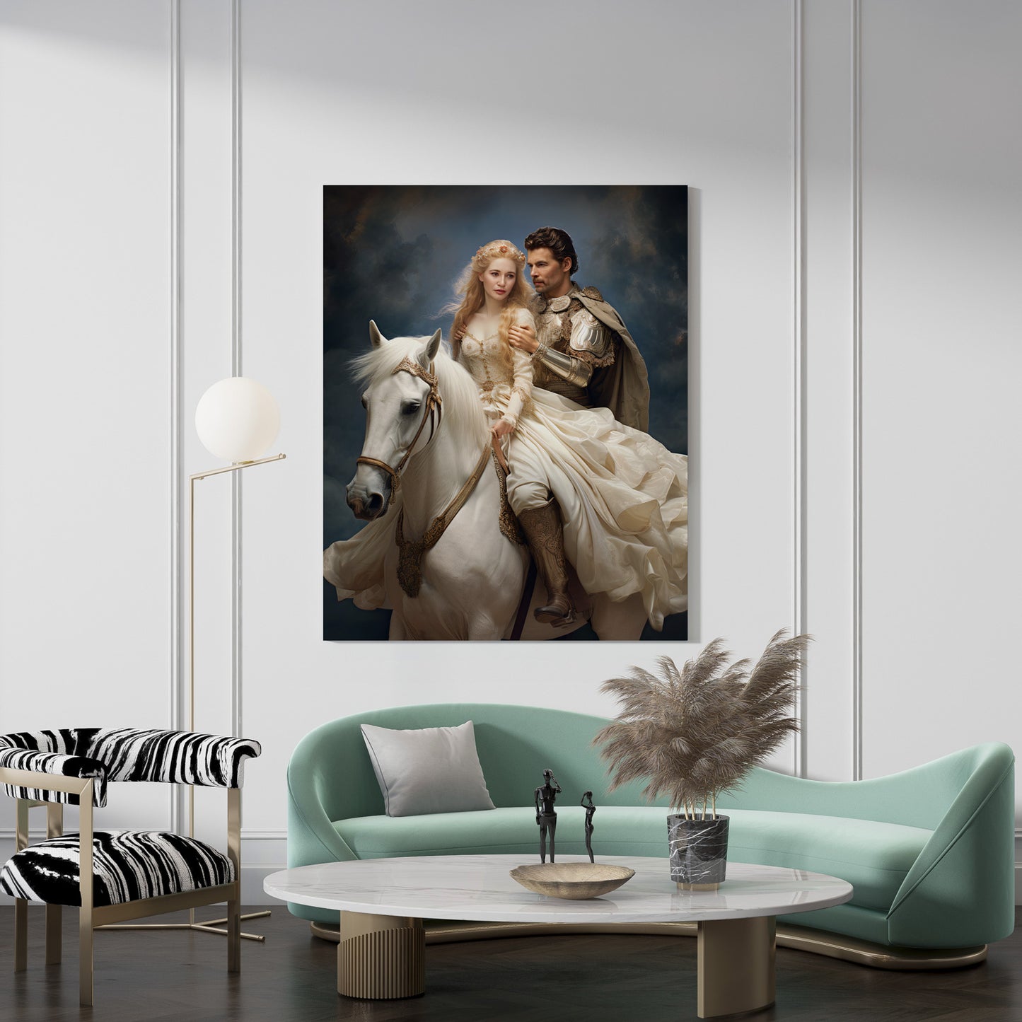 "The Princess and Glorious Knight" canvas print depicts a romantic scene of a royal couple riding a white horse. Fine art