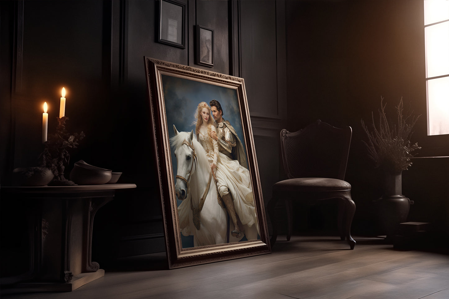 Framed portrait of "The Princess and Glorious Knight," offering a classic touch to home decor.
