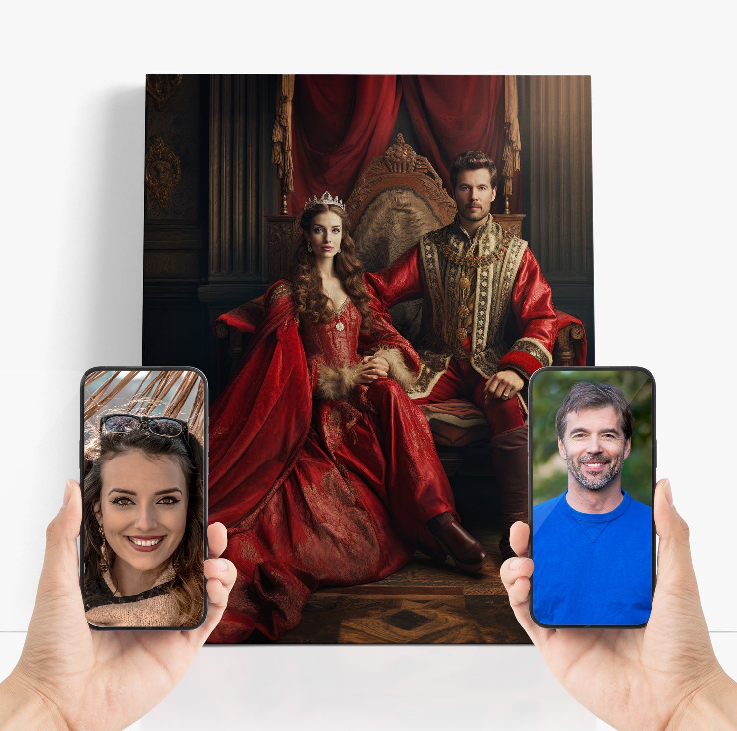 "The Royal Couple" canvas art: Couple's portrait reimagined as royalty, previewed with customer photos.