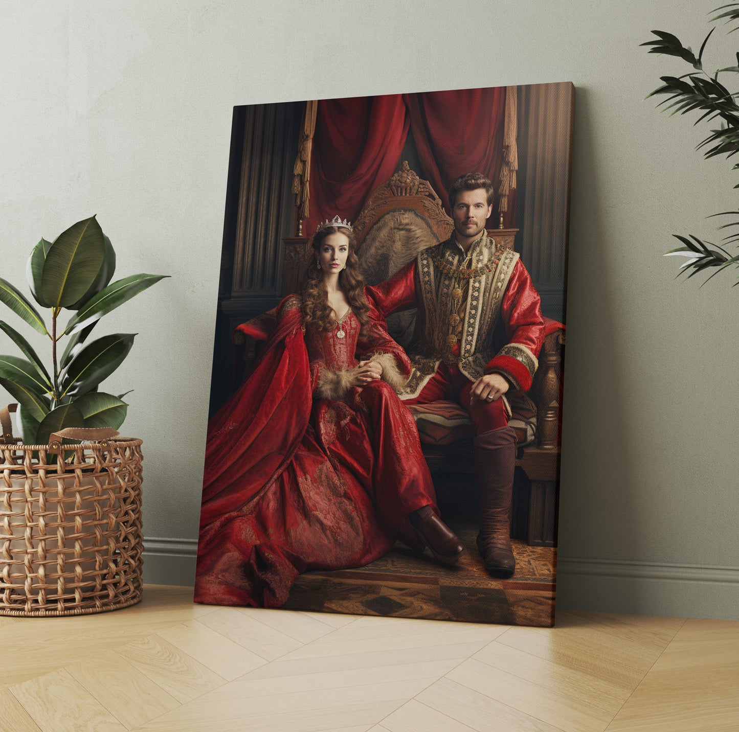 "The Royal Couple" portrait art; a king and queen, regal in red, displayed as a custom canvas for home decor.