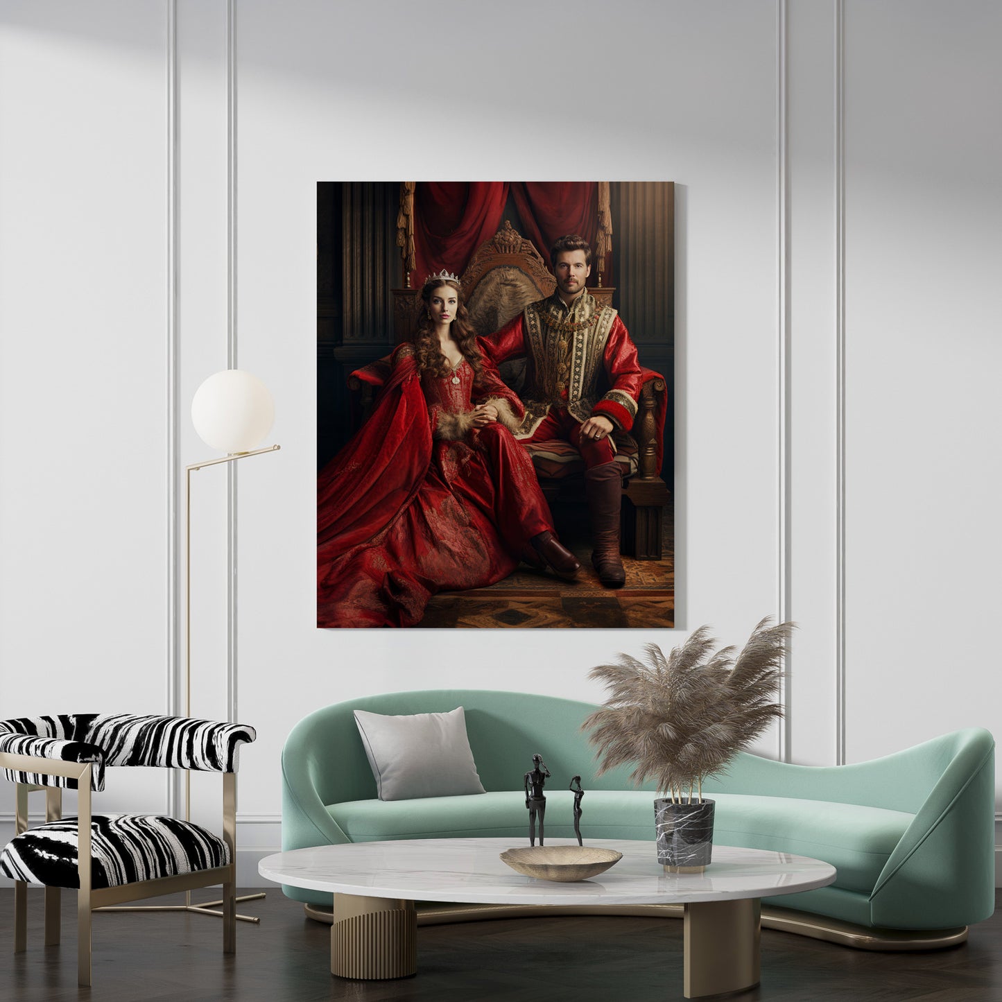 "The Royal Couple" canvas art: regal king and queen portrait showcased in a modern living room interior. Elegant home decor