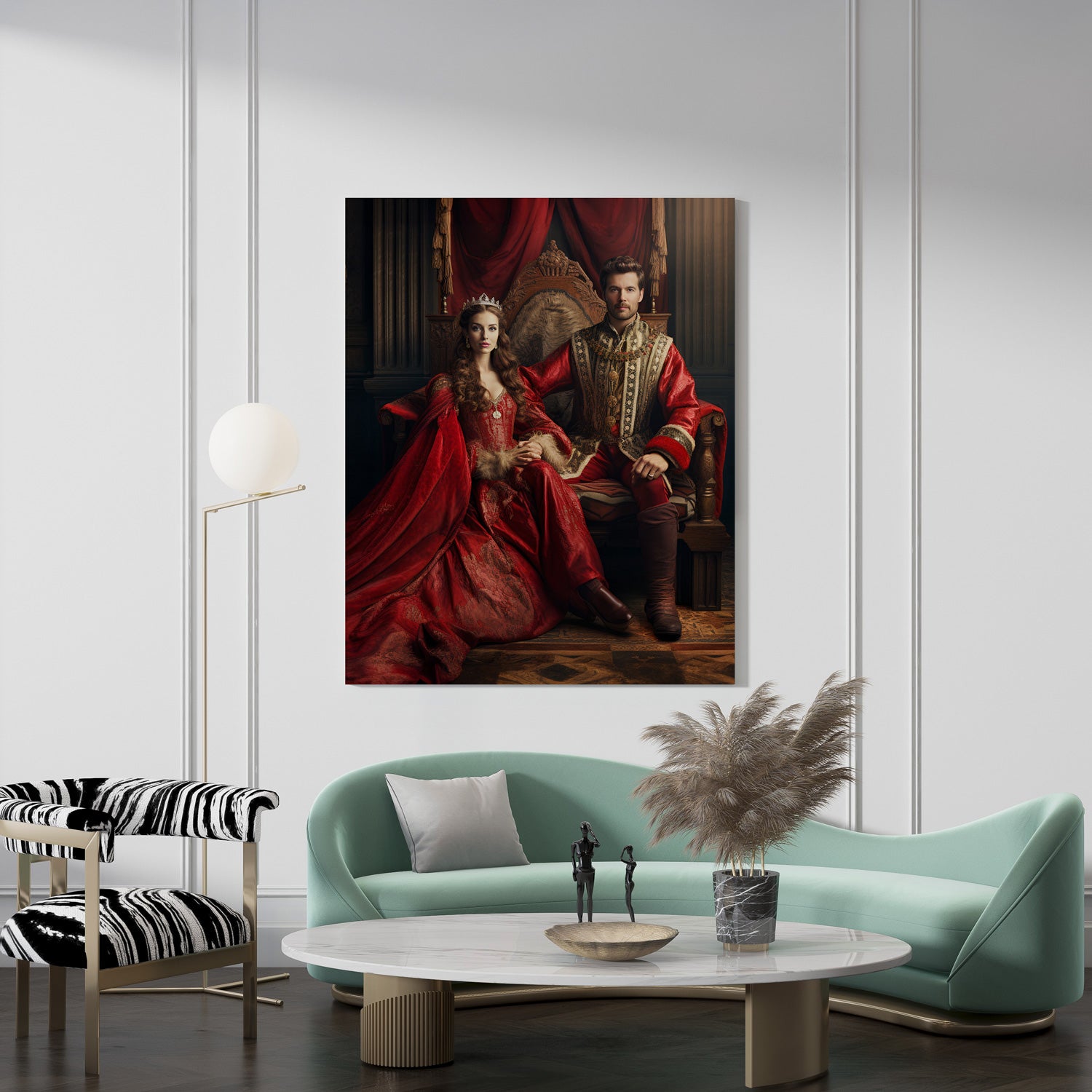 "The Royal Couple" canvas art: regal king and queen portrait showcased in a modern living room interior. Elegant home decor