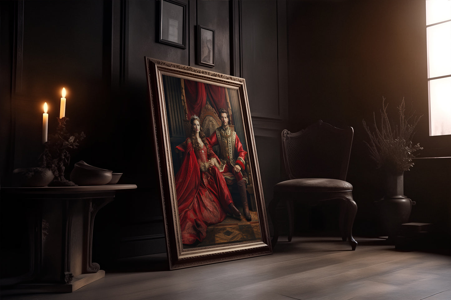 "The Royal Couple" painting displayed in a dimly lit room, evoking classic art and vintage home decor.