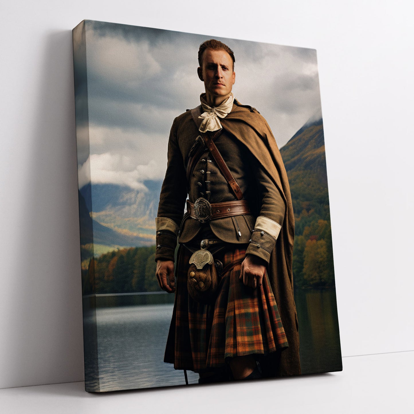 Canvas print of "The Scottish Highlander," featuring a man in traditional highland dress against a landscape backdrop.