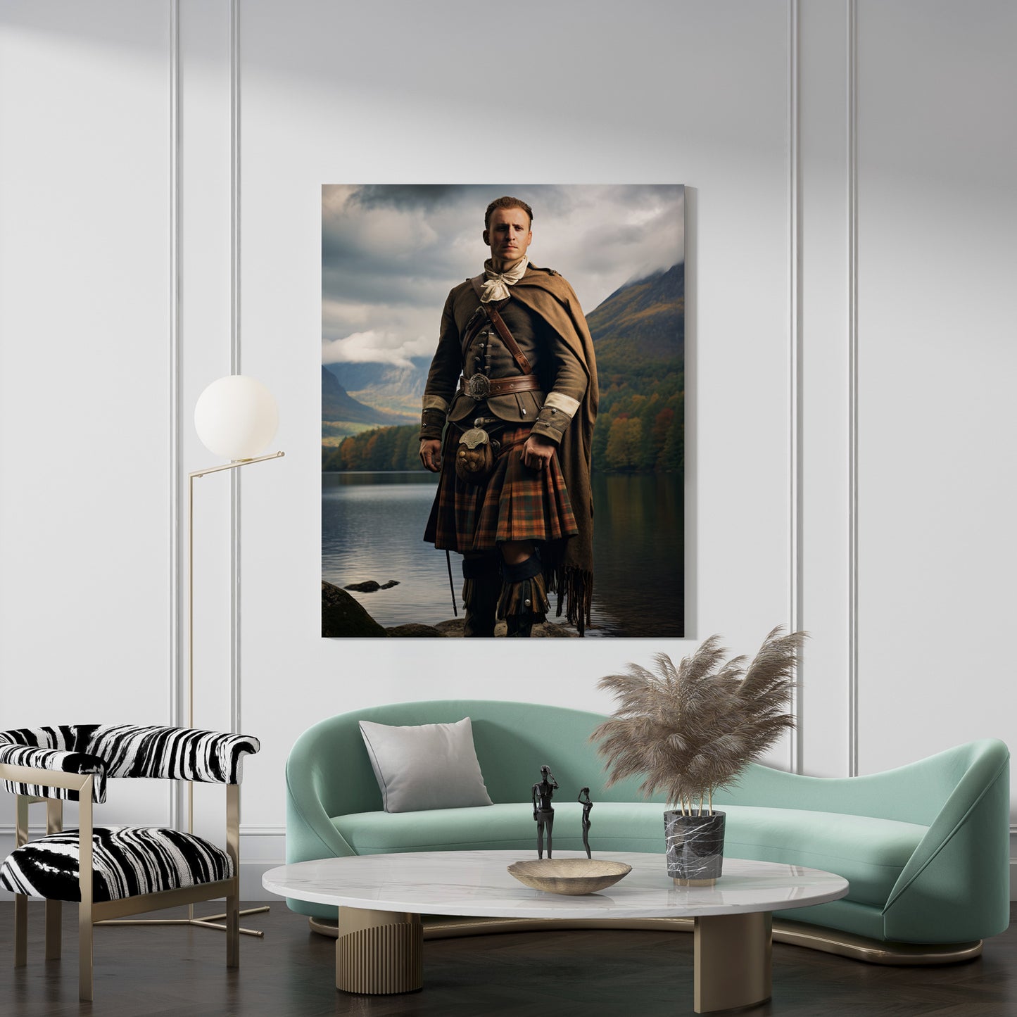 "The Scottish Highlander" canvas art displayed in a modern living room setting. Home decor inspiration.