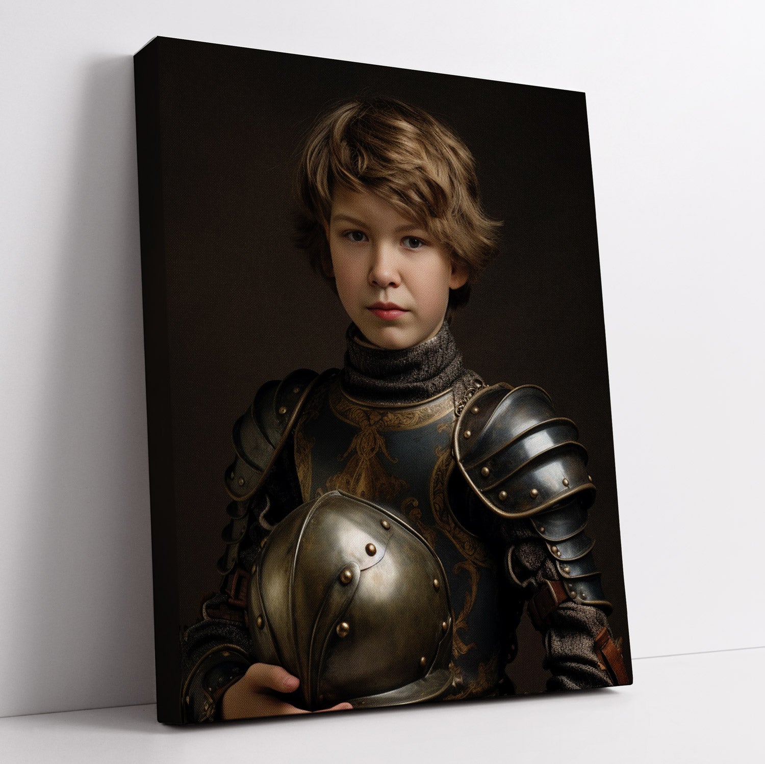 Canvas art print, "The Young Knight," featuring a boy in shining medieval armor. Unique historical wall decor.
