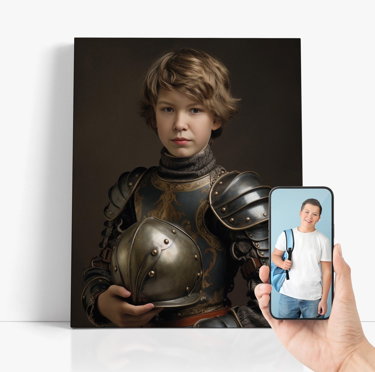 "The Young Knight" canvas print displayed, showcasing the boy's transformation and capturing a child's imagination with