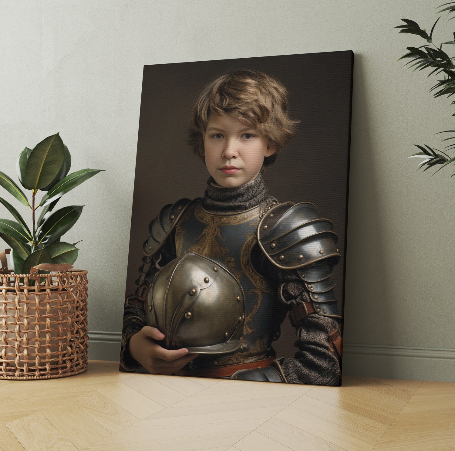 "The Young Knight" canvas print: Boy in medieval knight armor with helmet, a unique art piece for historical decor.