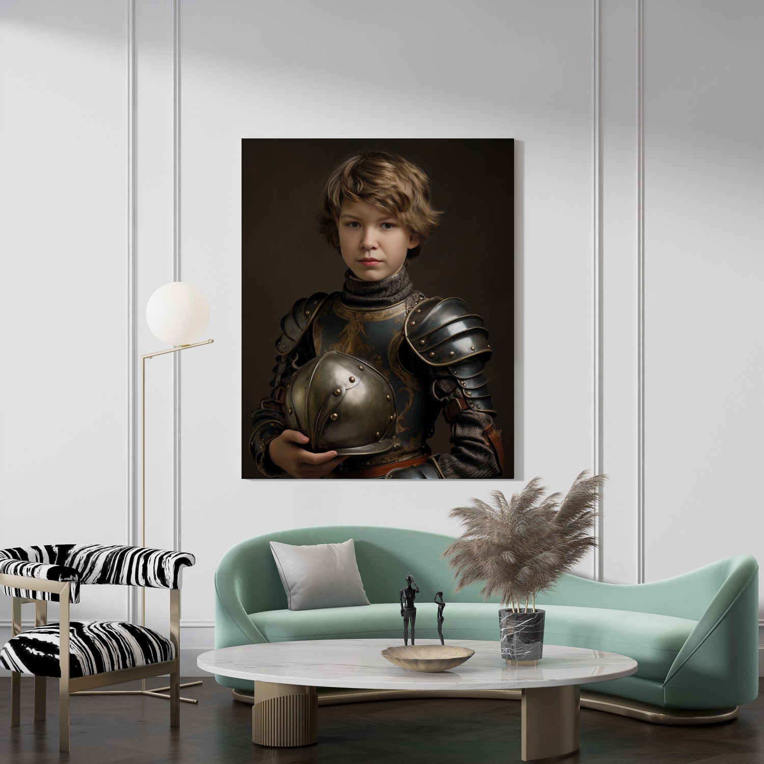 "The Young Knight" art print, showing a boy in shining knight armor, holding his helmet, in an elegant interior setting.