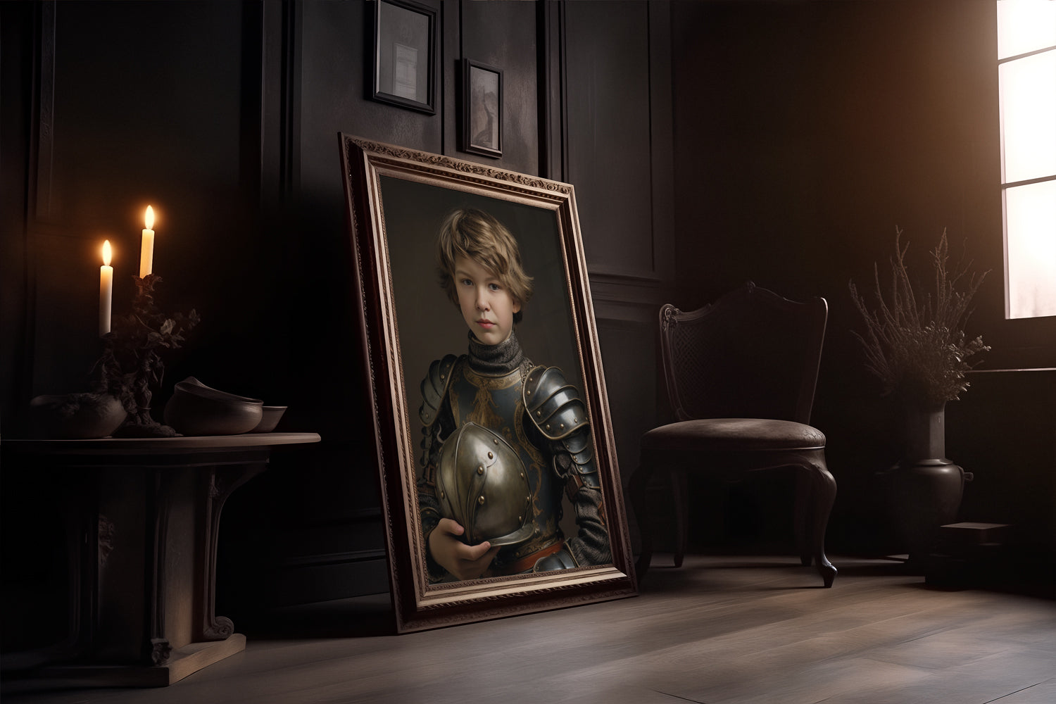 "The Young Knight" portrait artwork: Renaissance-style boy knight with helmet, adding historical charm to any decor.