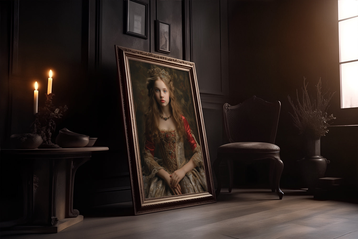 Dramatic art print, "The Young Princess," conveying classical royal portraiture in a dark, atmospheric setting, invoking