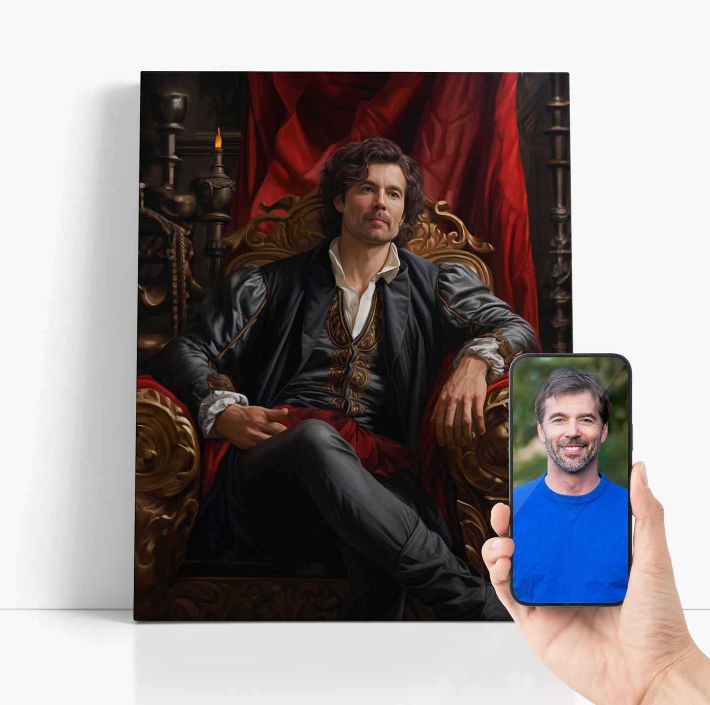 "The Lord" custom canvas. Personalized portrait as a royal gentleman, shown next to source photo for comparison.