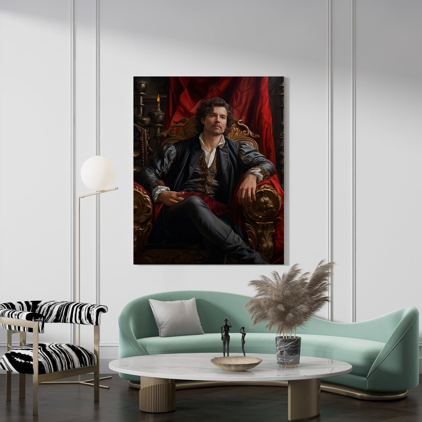 "The Lord" canvas art displayed in a contemporary living room, suggesting a regal, modern decor style.