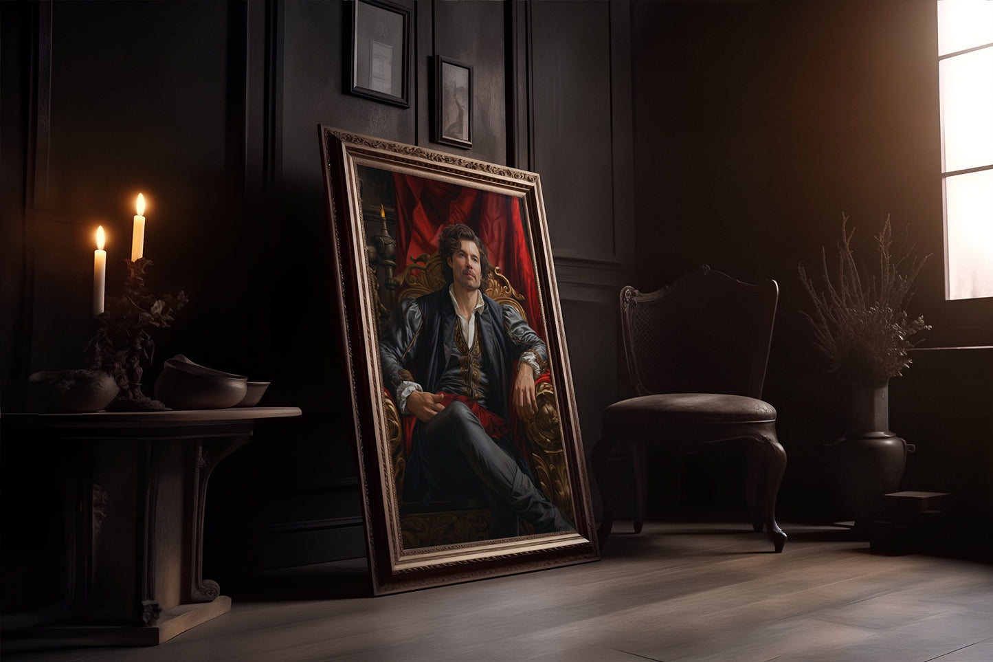 Framed portrait of "The Lord", embodying a noble and elegant character in a vintage, candlelit setting.