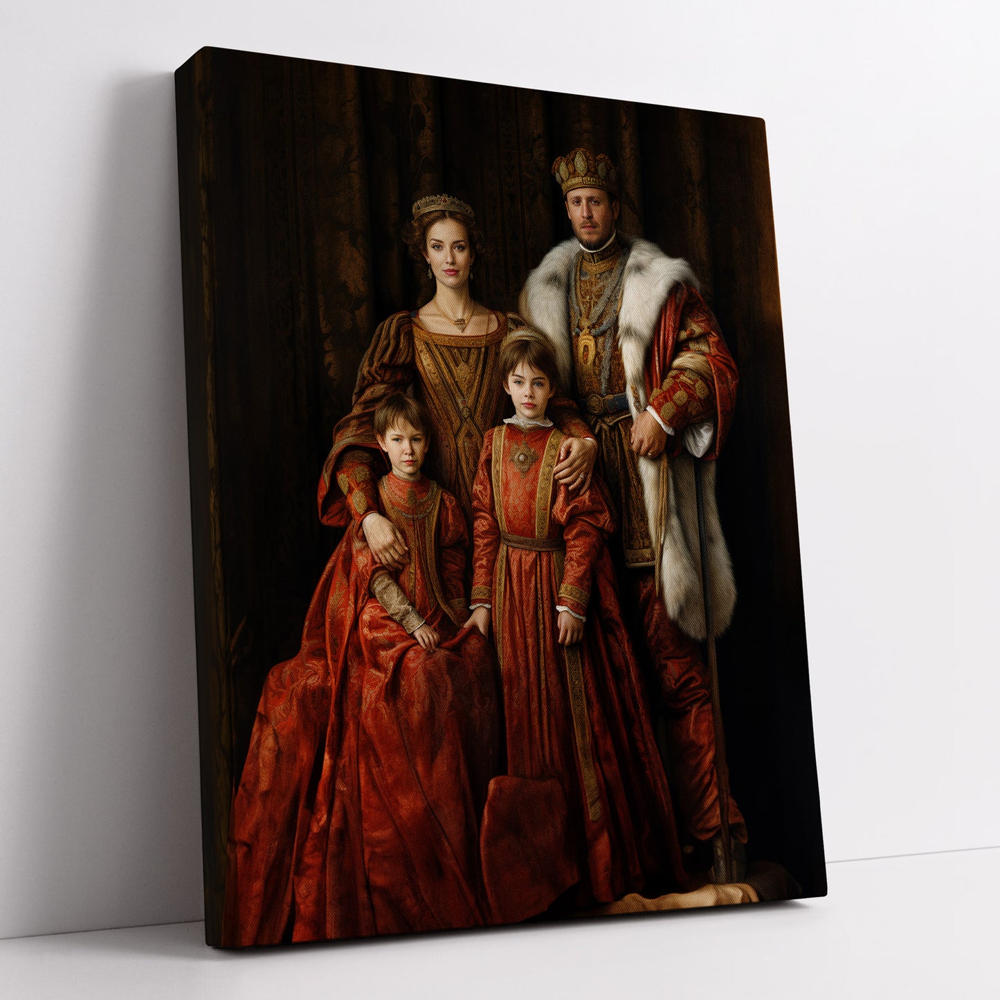 "The Royal Palace" canvas print featuring a family portrait in regal attire, evoking classical art.