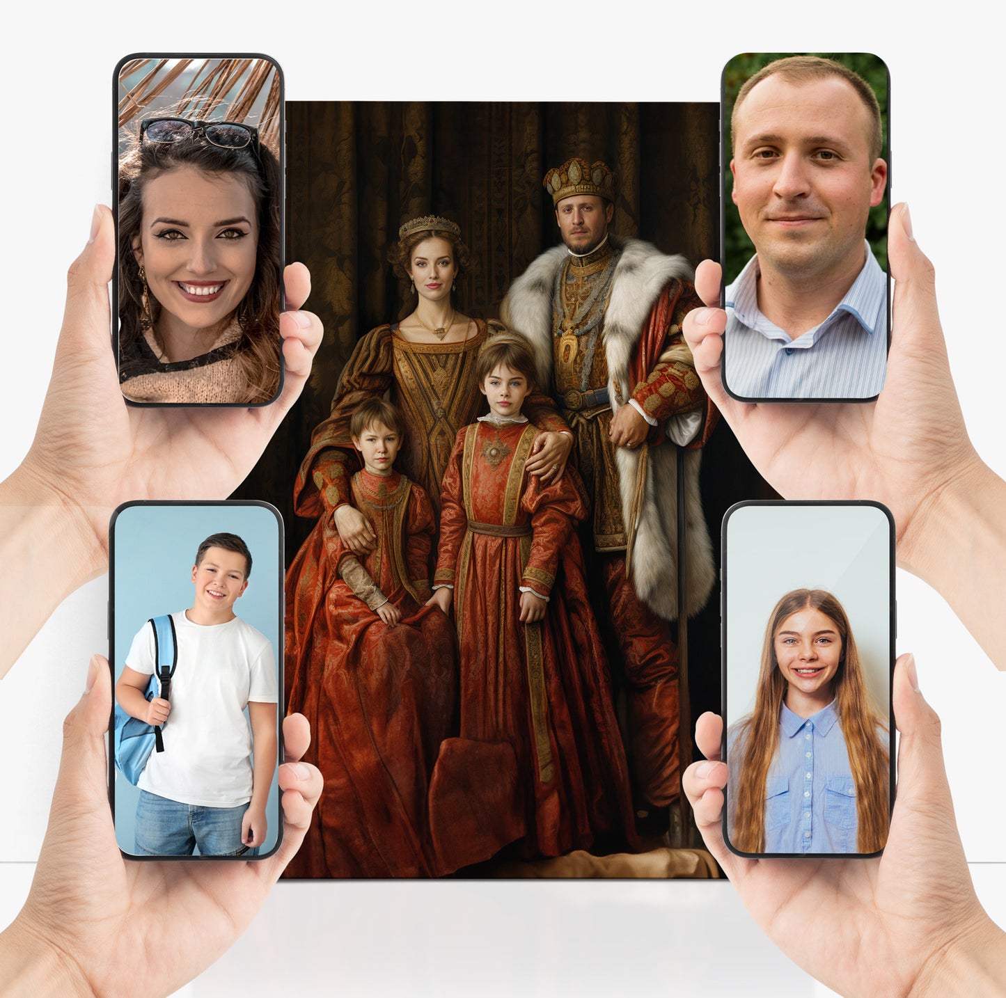 The Royal Palace: Modern family history & DNA heritage, blending ancestral portraiture with digital family photos.