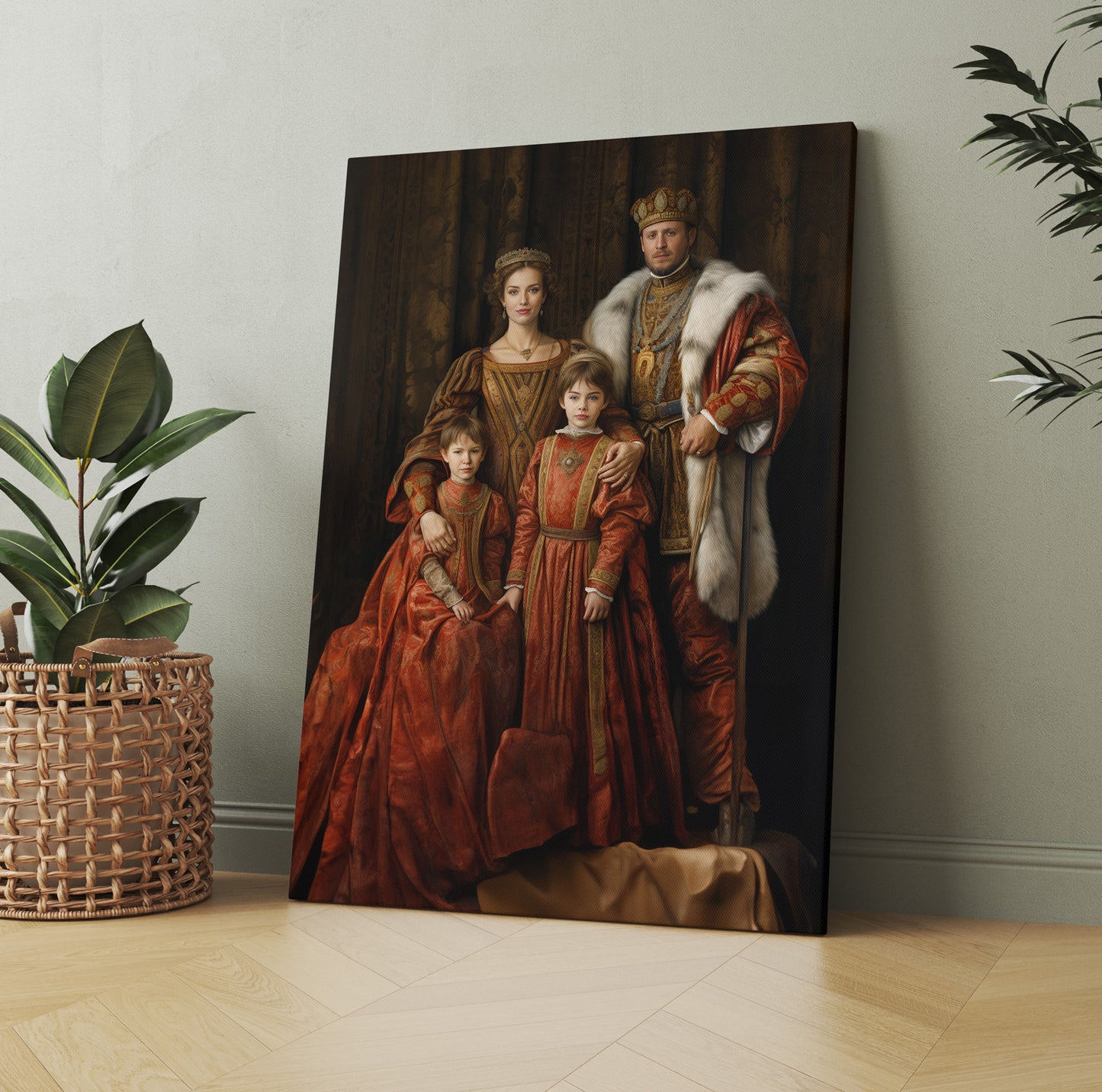 "The Royal Palace" canvas art: Family portrait in Renaissance royal attire, king, queen, & heirs.