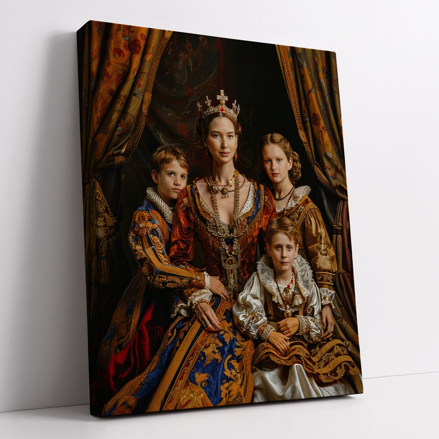 Royal Family Portrait Canvas: Regal queen with children, capturing classic Renaissance-style elegance in a timeless art