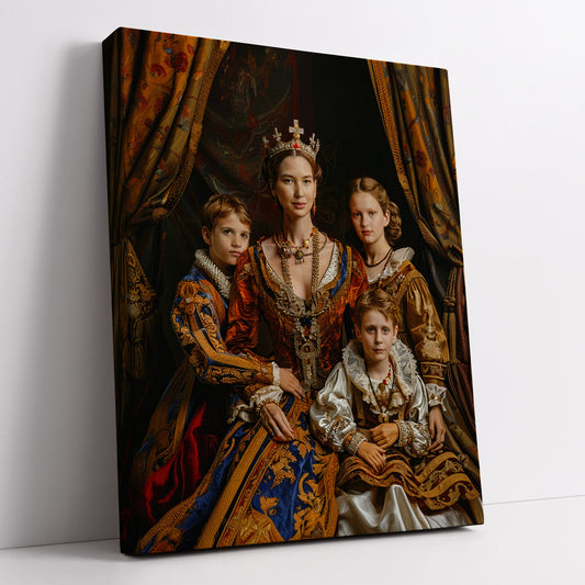 Royal Family Portrait Canvas: Regal queen with children, capturing classic Renaissance-style elegance in a timeless art