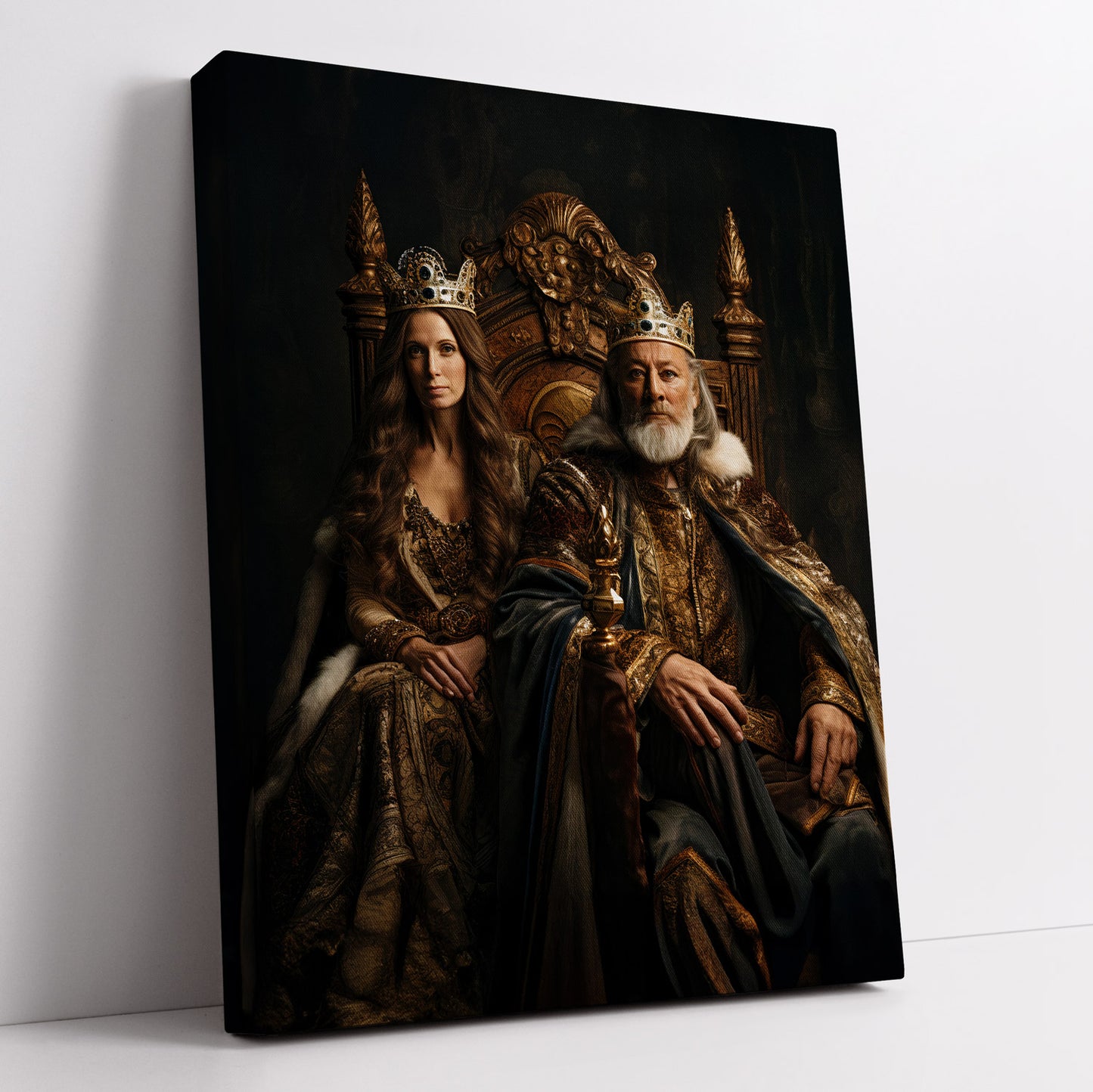 Royal History Portrait canvas art featuring a majestic king and queen sitting on their throne.