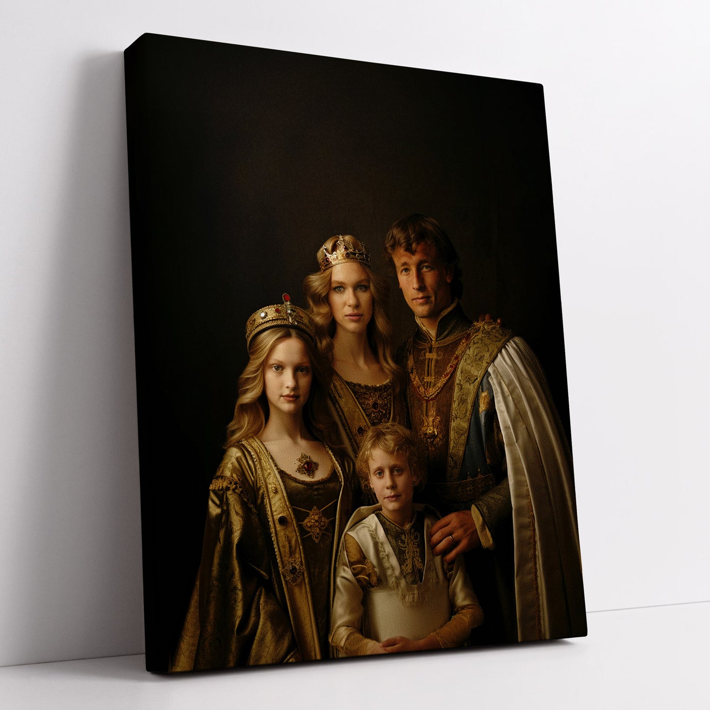 Regal family portrait canvas, reminiscent of royalty and family legacy. Fine art depiction of royal family.