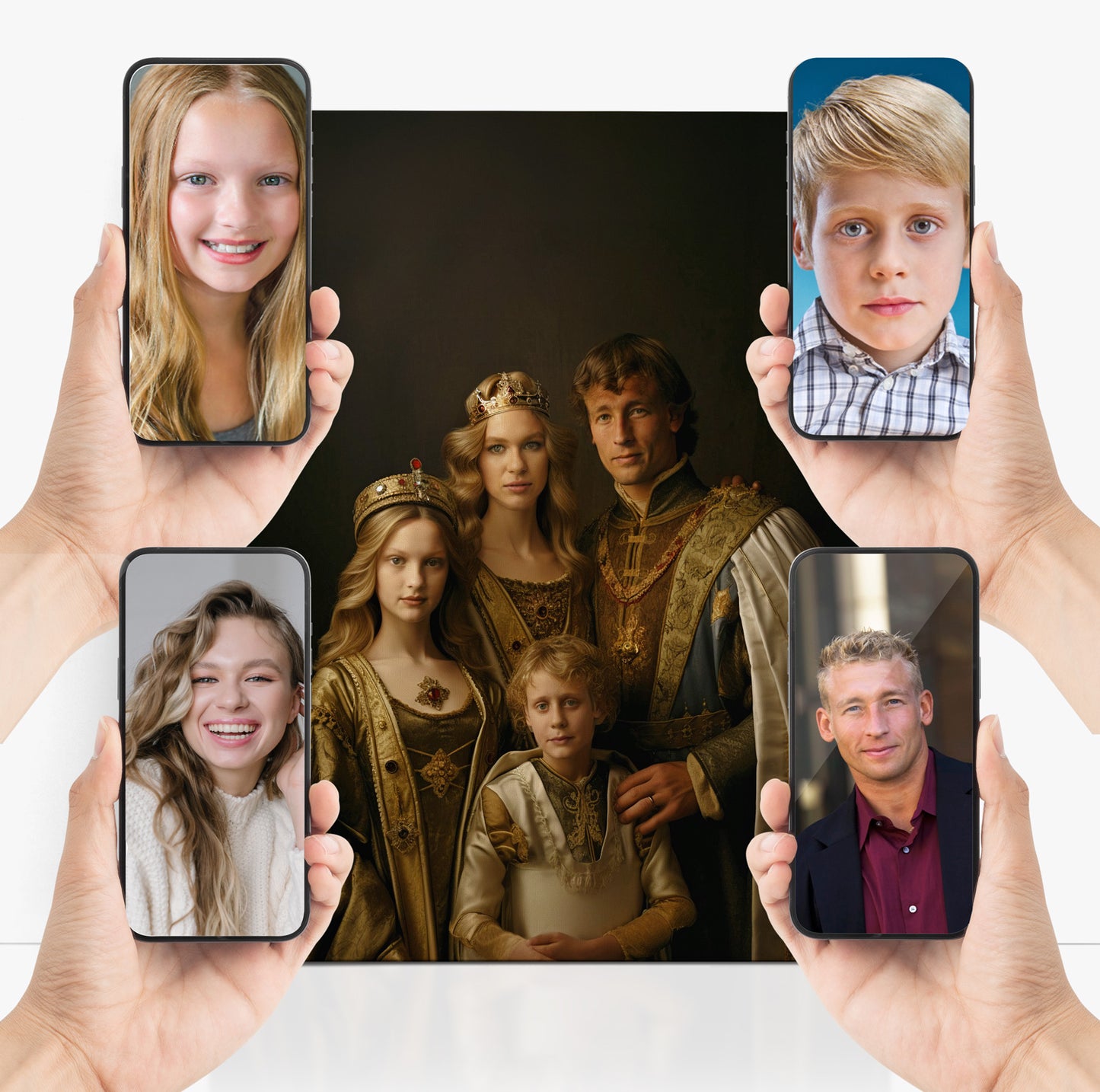 Young family portrait concept showcasing a traditional royal family with modern-day equivalents in phones.