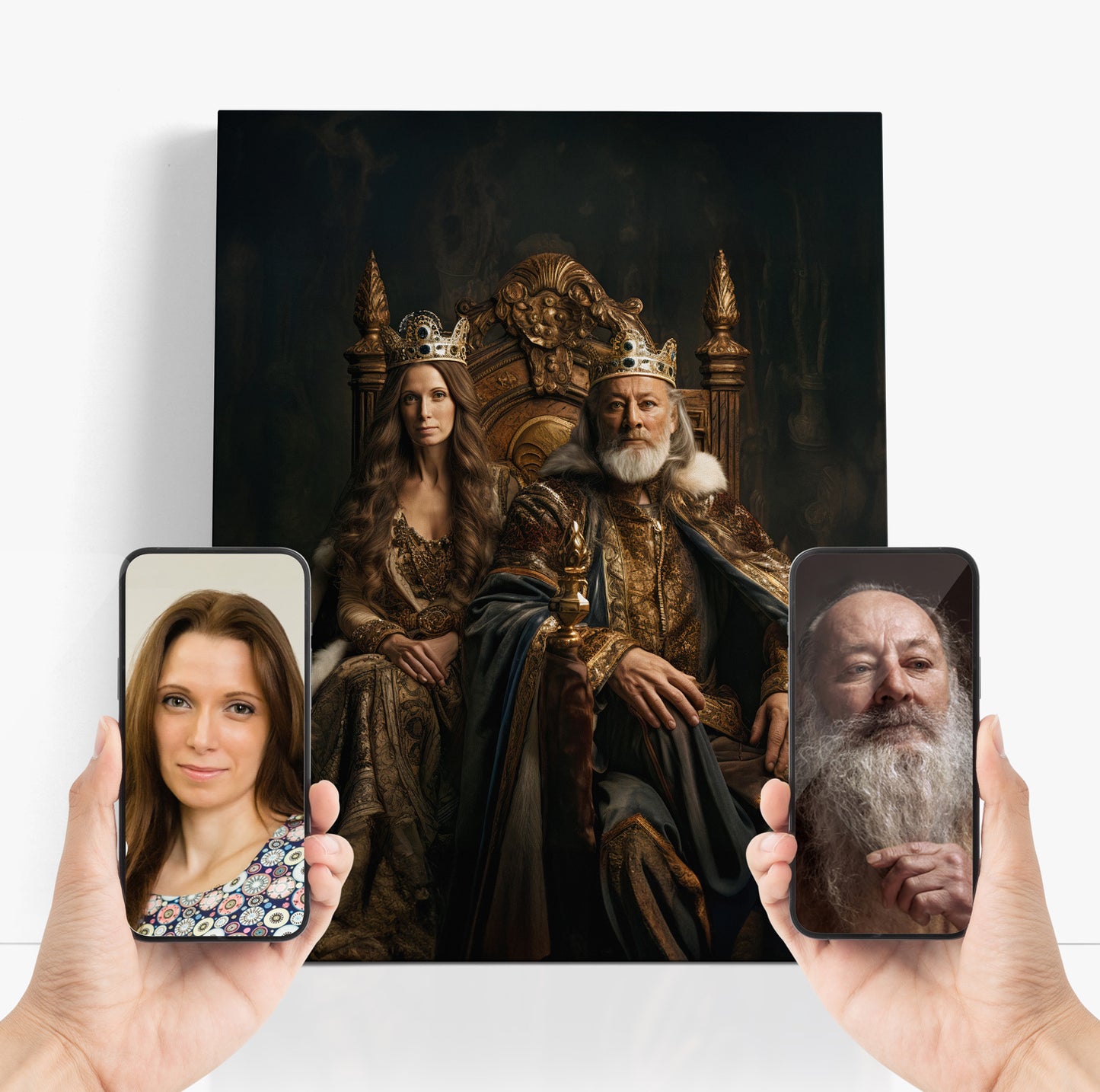 Royal History Portrait: Preview your custom family portrait as royalty, showcased on phones for easy approval.