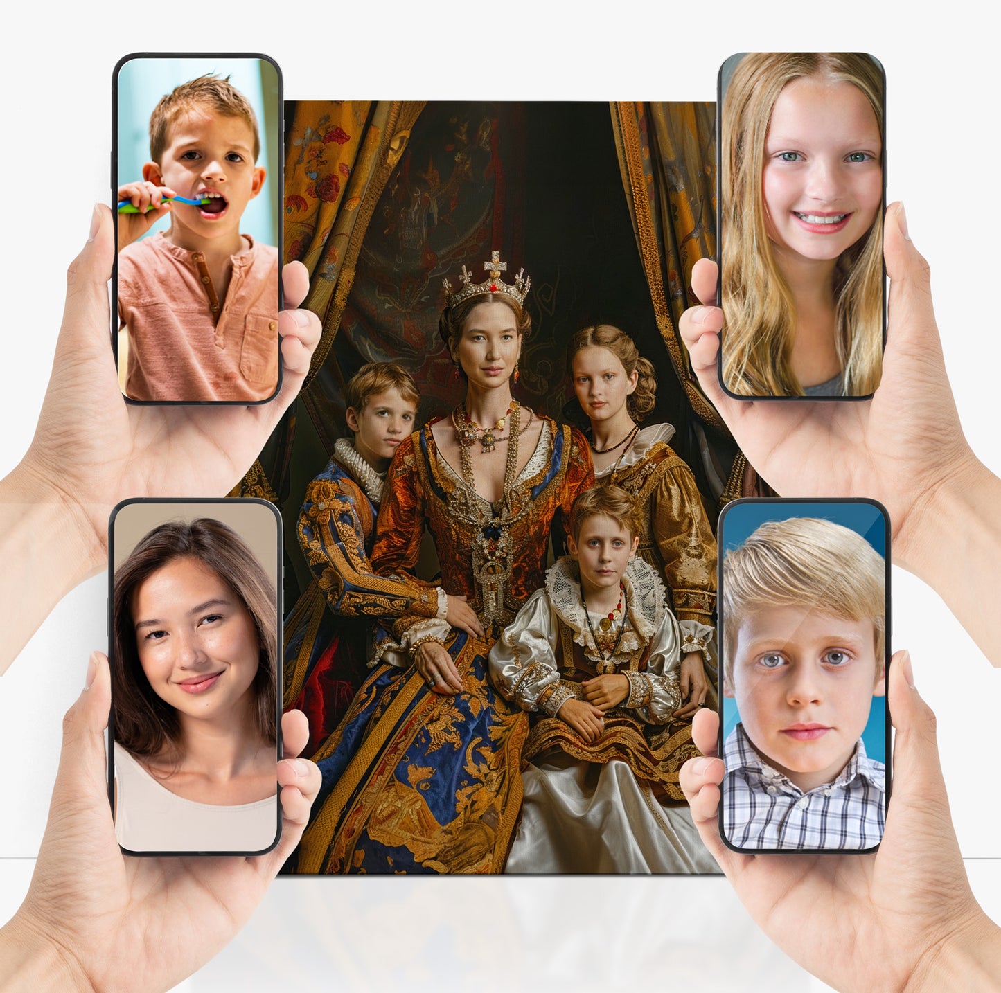 Conceptual art showcasing the Royal Queen Family Portrait framed by contemporary smartphone portraits.